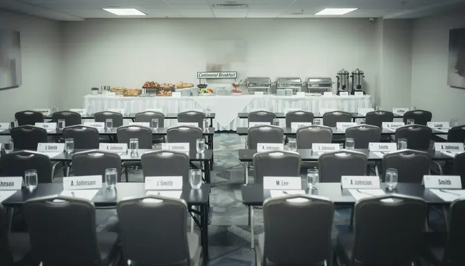 Empty hotel conference room with rows of chairs, name placards, and untouched continental breakfast spread