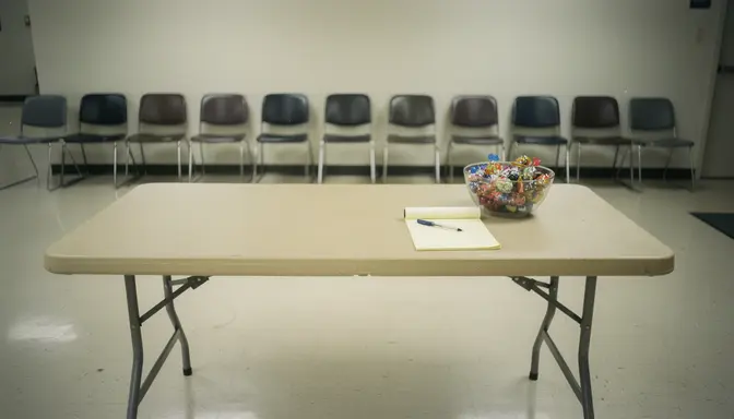Empty folding table with a notepad and candy bowl in a vacant community center room
