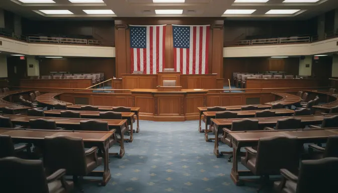 Empty congressional chamber floor with vacant chairs and American flags flanking a podium