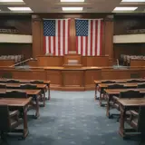 Empty congressional chamber floor with vacant chairs and American flags flanking a podium