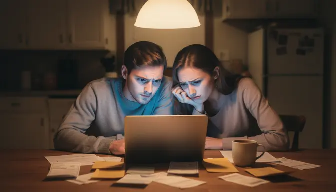 Young couple looking concerned at a laptop on their kitchen table, scattered bills and envelopes around them