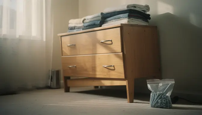 Slightly tilted wooden dresser in a suburban bedroom with a bag of unused screws on the floor beside it