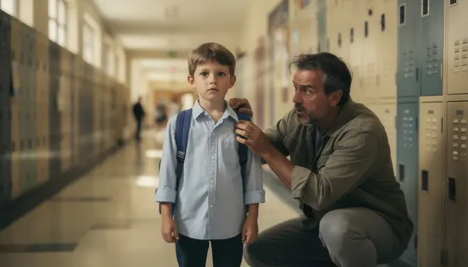 Father adjusting son's collar in school hallway on picture day morning