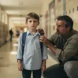Father adjusting son's collar in school hallway on picture day morning