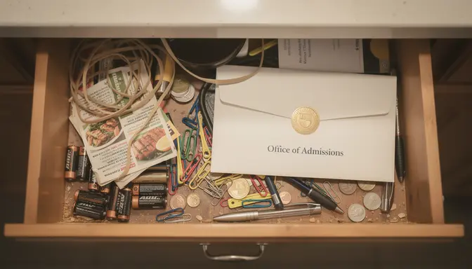 Cluttered kitchen junk drawer with a formal university envelope buried among household odds and ends