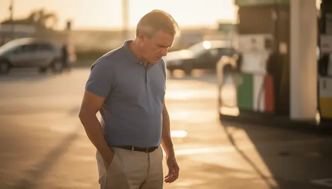 Middle-aged man in polo shirt standing at a gas station at golden hour, staring down with intense concentration