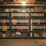 Basement utility room with rows of neatly labeled three-ring binders filling multiple shelves