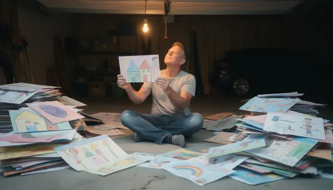 Father sitting on garage floor surrounded by piles of children's drawings, holding one up to the light