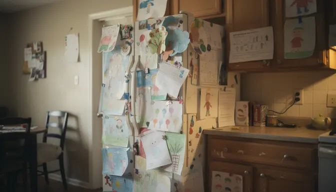 Kitchen refrigerator completely covered in overlapping children's colorful drawings and paintings
