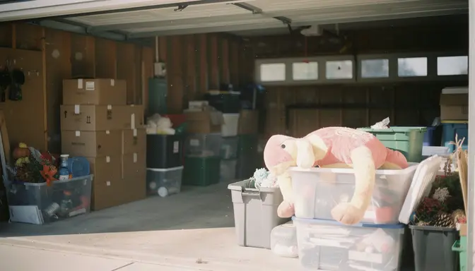 Cluttered suburban garage with open storage bins and a foam costume draped over the edge