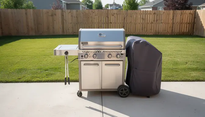 Pristine barely-used stainless steel gas grill on a suburban back patio, cover folded beside it, unused tongs hanging
