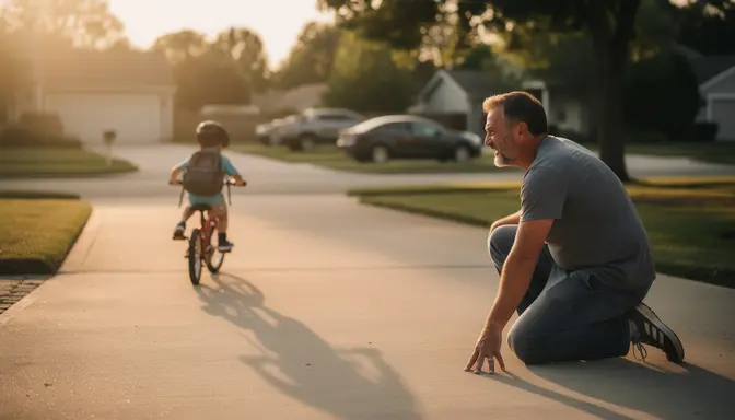 Father kneeling on driveway watching young son ride bicycle alone in golden afternoon light