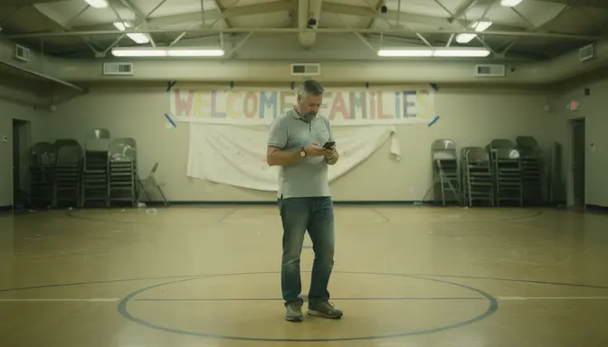Dad standing alone in an empty school gymnasium after an event has already ended