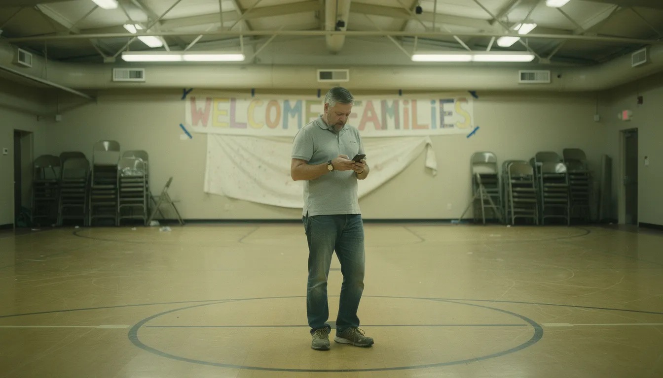 Dad standing alone in an empty school gymnasium after an event has already ended