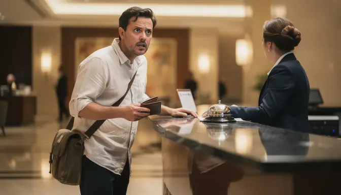 Panicked man at a hotel front desk holding an empty wallet, duffel bag over his shoulder, marble lobby behind him