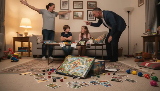 Chaotic living room with board game pieces scattered across carpet, overturned game board, family arguing in background