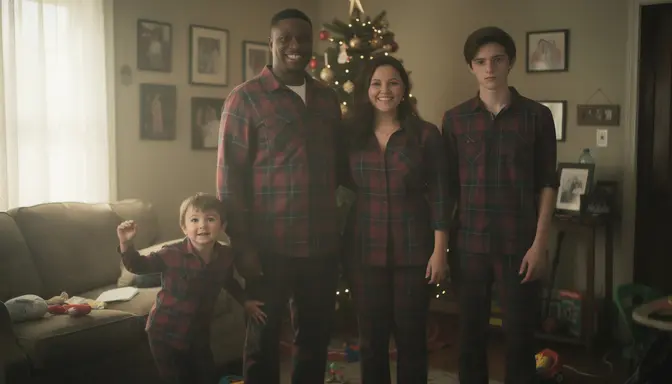 Family in matching plaid posing for Christmas photo in living room, child squirming, teenager unenthused