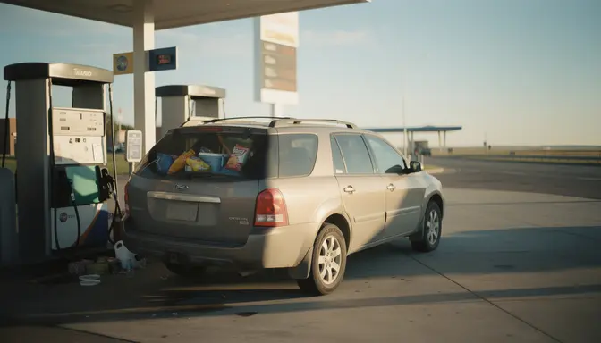 Loaded family SUV parked at a highway gas station on a bright summer morning