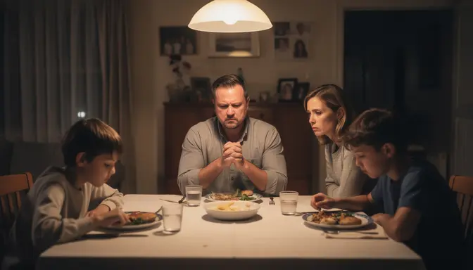 Solemn family of four around a dinner table with untouched food, father with clasped hands looking grave under pendant light
