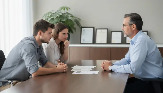 Financial advisor with calmly folded hands sitting across a desk from an anxious young couple in a sunlit office