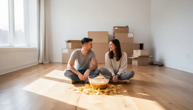 Young couple sitting on bare hardwood floor of an empty unfurnished room with moving boxes and a bowl of dip