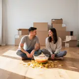 Young couple sitting on bare hardwood floor of an empty unfurnished room with moving boxes and a bowl of dip