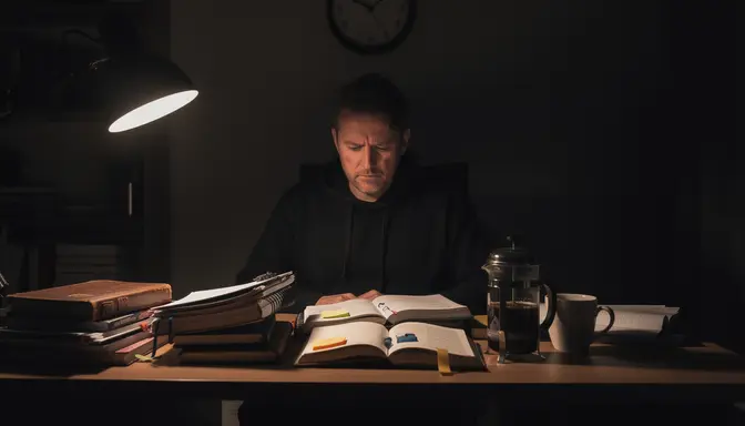 Exhausted man at a home desk in total darkness lit by a single lamp, journals stacked beside a French press