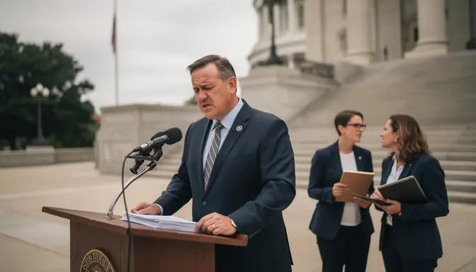 Governor standing at outdoor podium looking puzzled at papers while aides whisper nearby