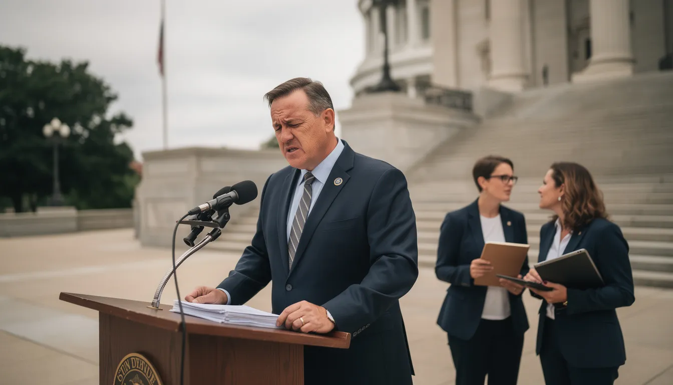 Governor standing at outdoor podium looking puzzled at papers while aides whisper nearby
