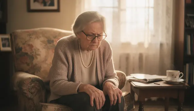 Elderly woman in a floral armchair squinting through thick glasses with intense concentration, tea on the side table