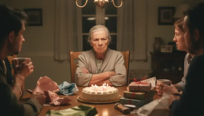 Grandmother at a birthday table with pursed lips and crossed arms, modest gifts before her, family looking nervous