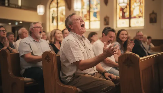 Man in a church pew with mouth wide open mid-exclamation, congregants on either side leaning away with startled expressions