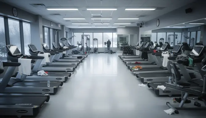 Nearly empty gym floor with rows of unused treadmills, a single jogger in the far background, abandoned water bottles