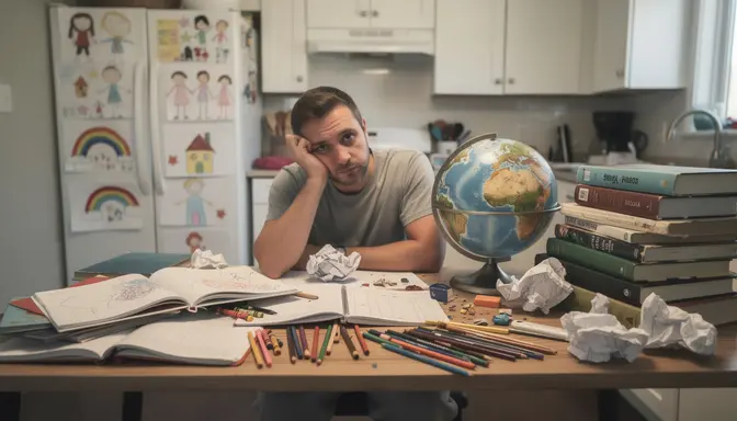 Exhausted parent at a kitchen table buried in scattered workbooks, colored pencils, and crumpled papers, children's art on the fridge