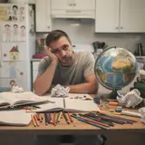 Exhausted parent at a kitchen table buried in scattered workbooks, colored pencils, and crumpled papers, children's art on the fridge