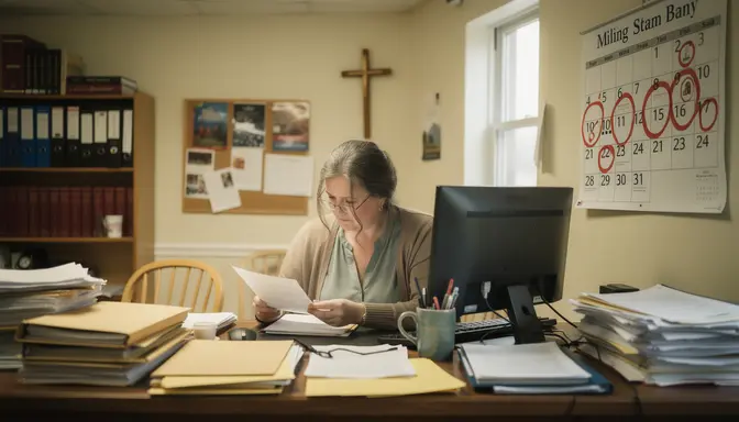 Middle-aged woman at cluttered church office desk surrounded by papers and a marked-up calendar