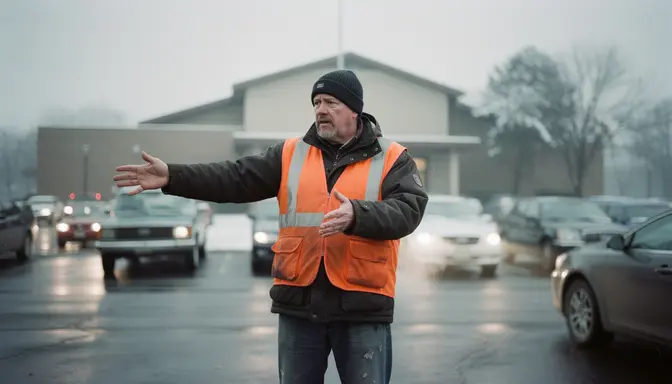 Tired parking lot volunteer in orange vest directing Sunday morning church traffic under grey winter sky