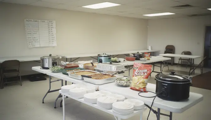 Church fellowship hall with potluck dishes on long tables and a laminated sign-up sheet on the wall