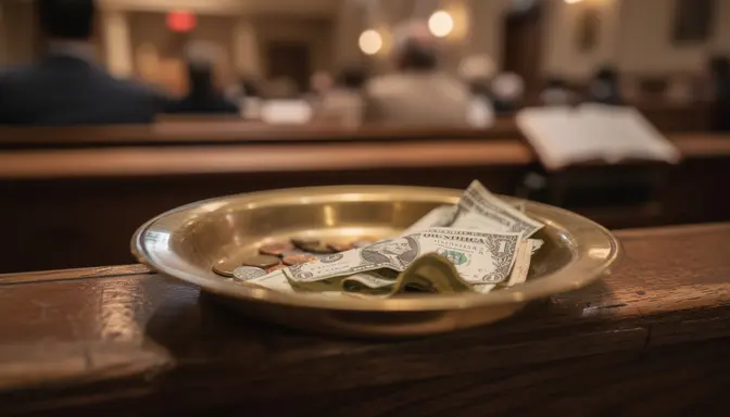 Tarnished brass offering plate on a church pew holding a few crumpled dollar bills and loose change