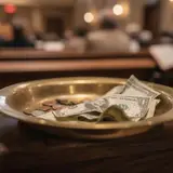 Tarnished brass offering plate on a church pew holding a few crumpled dollar bills and loose change