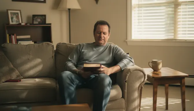 Middle-aged man sitting quietly in suburban living room staring at a closed book on his lap