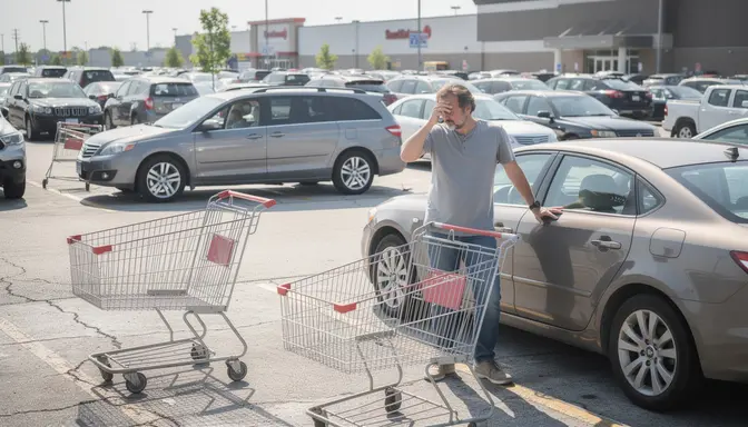 Frustrated man pinching the bridge of his nose beside his car in a crowded retail parking lot at midday