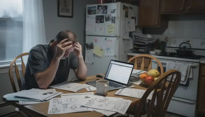 Exhausted man surrounded by printed calendar pages at a kitchen table in early morning light