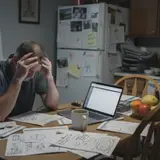 Exhausted man surrounded by printed calendar pages at a kitchen table in early morning light