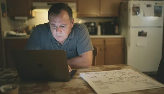 Man sits at kitchen table staring at laptop with a look of quiet resignation, calendar covered in notes nearby