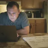 Man sits at kitchen table staring at laptop with a look of quiet resignation, calendar covered in notes nearby