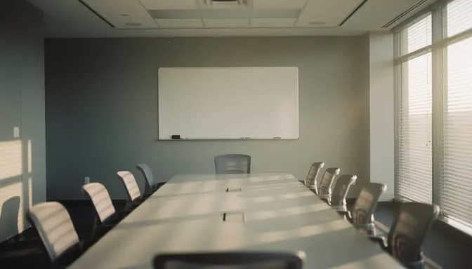 Empty corporate conference room with long table, vacant chairs, and afternoon light through blinds