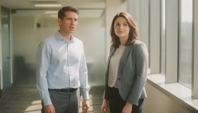 Two coworkers standing in an office hallway, one looking quietly surprised, the other composed