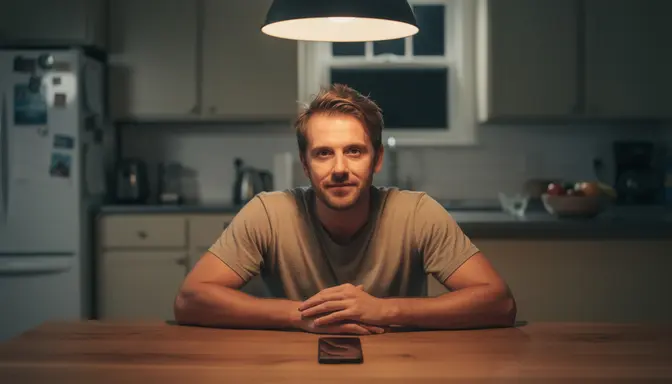 Man sitting alone at kitchen table at night with phone face-down, looking calm