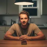 Man sitting alone at kitchen table at night with phone face-down, looking calm